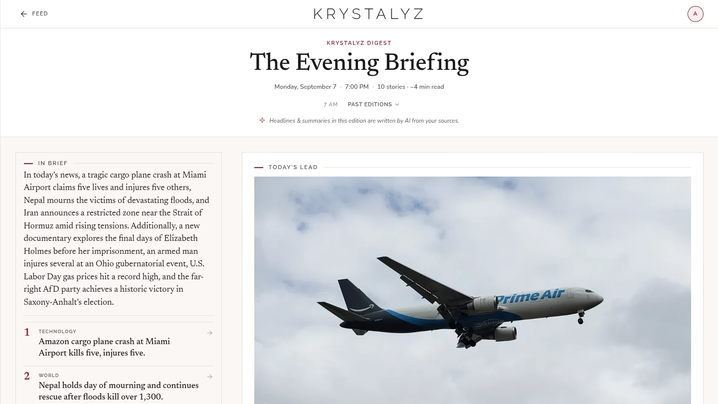The Evening Briefing: the In Brief roundup and its numbered stories on the left, the lead story with its photo and summary on the right.