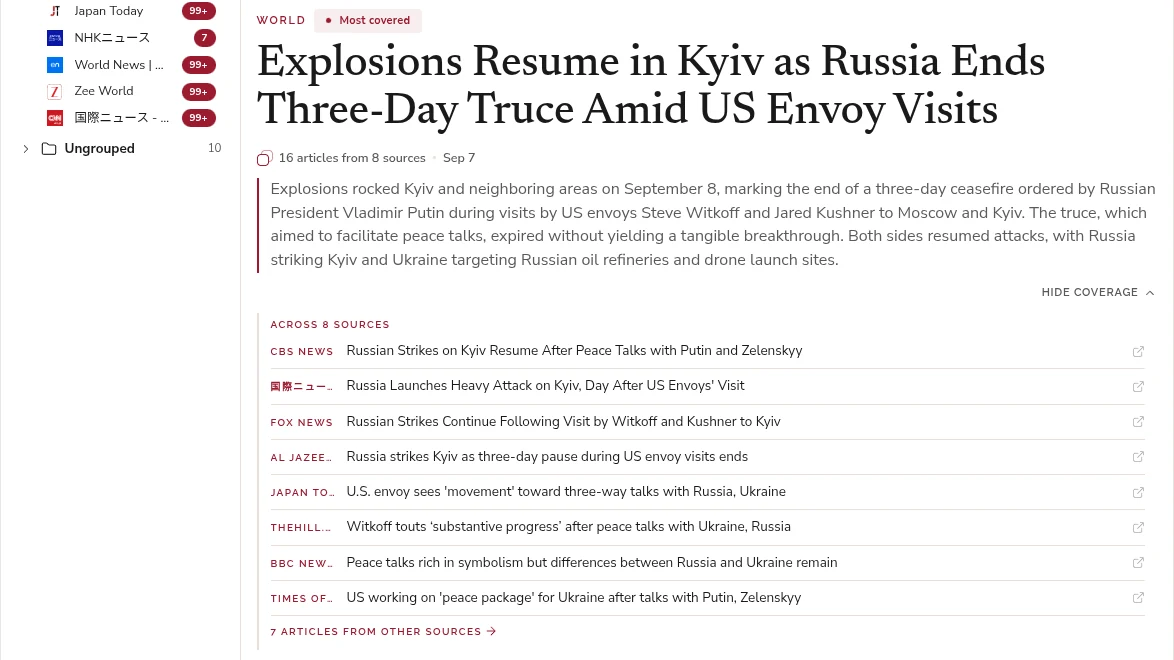 A grouped story: one headline and summary, then the eight outlets that covered it, each with its own headline and a link out.