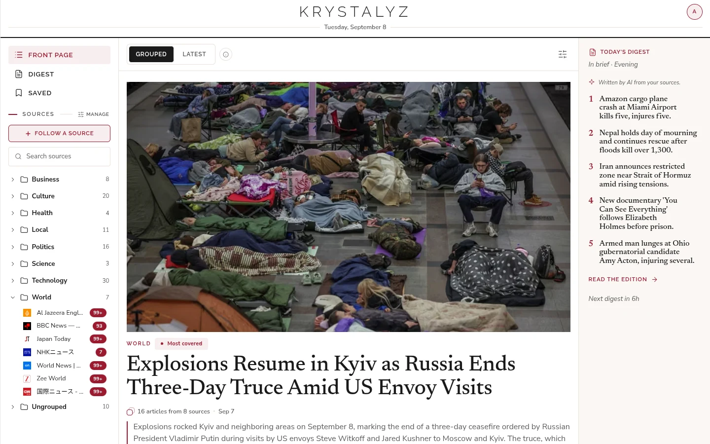 The Krystalyz Front Page in the grouped view: one entry per story with every outlet that covered it underneath, the followed sources down the left and today's digest on the right.